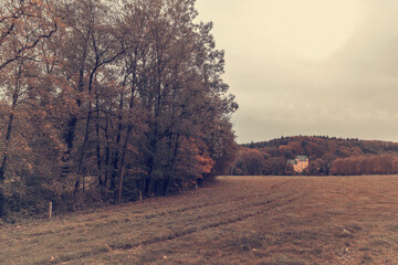 Autumn landscape, view of Strauweiler Castle, Germany.