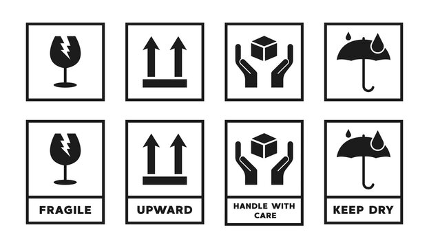 Fragile package signs set icons set vector