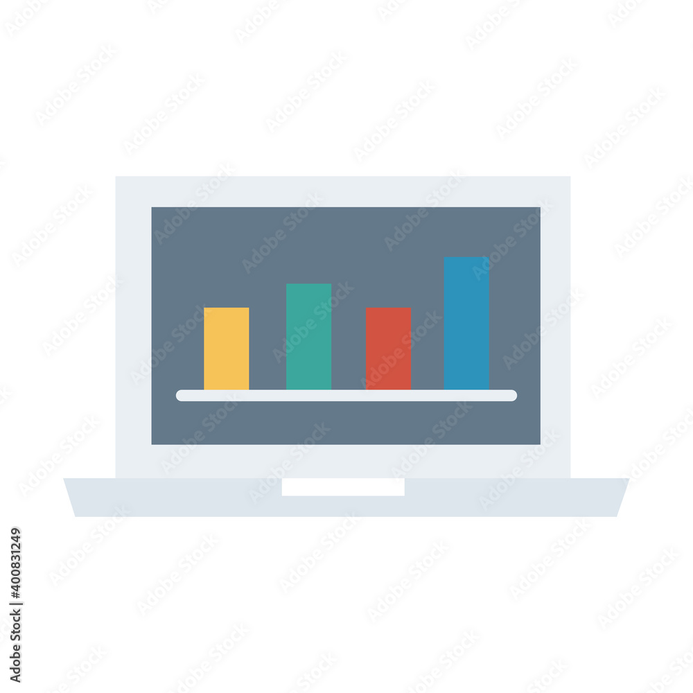 Poster laptop computer portable with statistics bars flat style icon vector illustration design