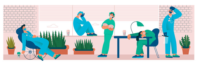 Tired overworked doctor or nurse in the office, drink coffee. Exhausted Healthcare worker. Coronavirus pandemic, Covid-19 quarantine. Flat cartoon vector illustration.