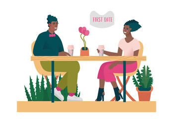 Young african american beautiful couple at first date in coffee shop. Woman and man first meeting in real life. Online dating creative concept. Cartoon Vector illustration.