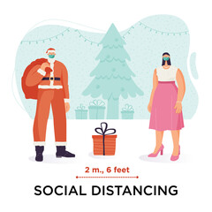 Santa Claus with a bag for gifts and woman with surgical mask in flat style. COVID-19 and social distancing with Christmas flat characters. Isolated on white background vector illustration.