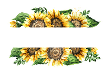 Sunflower frame. Hand drawn watercolor illustration isolated on white background
