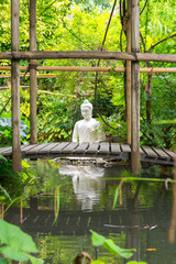 A Chinese Buddha sculpture made of white stone sits on a green ingrown water surface. A small bridge runs past in the foreground. The sculpture is reflected in the water. Botanical Garden.