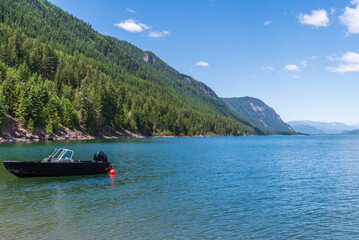View at Mountain Lake with Blue Sky in British Columbia, Canada.