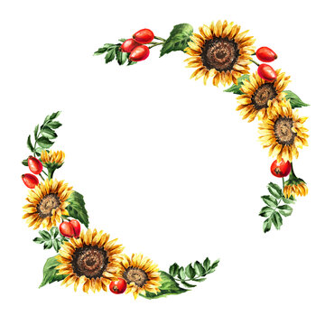 Sunflower wreath with leaves and rosehip berries