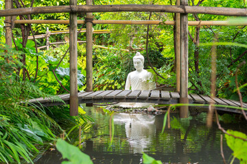 A Chinese Buddha sculpture made of white stone sits on a green ingrown water surface. A small bridge runs past in the foreground. The sculpture is reflected in the water. Botanical Garden.