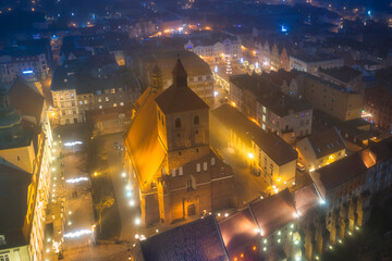 Aerial scenery of Grudziadz old town with Christmas decorations at night, Poland