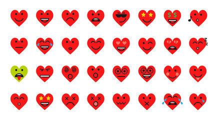 Heart smile set vector cartoon emoticons icon. Chat comment icon reactions template: smile, sad, like, love, care, face tear, loll, wow or angry emoji for Valentines Day