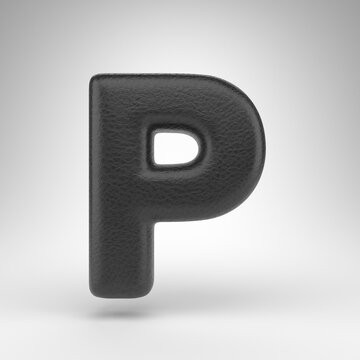 Letter P uppercase on white background. Black leather 3D letter with skin texture.