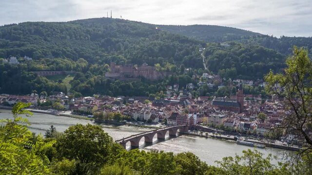 4k time lapse video of the historic city center of Heidelberg with the castle and famous old bridge crossing the Neckar river