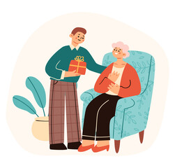 Grateful son giving his elderly mother a present. Vector illustration of an adorable scene in trendy cartoon style. Elements are isolated.