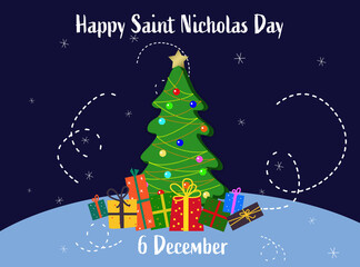 Christmas tree and presents on dark blue background, illustration. Saint Nicholas Day card design