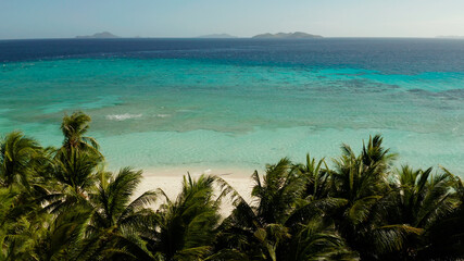 aerial view sandy beach on tropical island with palm trees and clear blue water. Malcapuya, Philippines, Palawan. Tropical landscape with blue lagoon