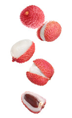 Obraz na płótnie Canvas Set of falling delicious lychees on white background