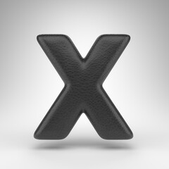 Letter X uppercase on white background. Black leather 3D letter with skin texture.