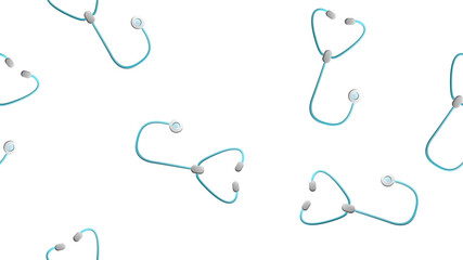 Endless seamless pattern of medical scientific medical subjects stethoscopes phonendoscopes for listening to the heart and lungs and diagnosing pneumonia on a white background. illustration