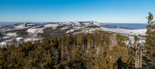 View from Barania Gora hill summit in winter Beskid Slaski mountains in Poland