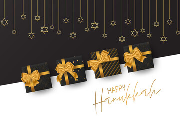 Happy Hanukkah. Traditional Jewish holiday celebration. Chankkah banner background design concept. Judaic religion decor - black luxury gift boxes with golden ribbon, David Star. Vector illustration.