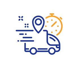 Express delivery line icon. Courier truck location sign. Order delivery symbol. Quality design element. Line style express delivery icon. Editable stroke. Vector