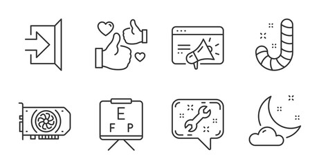 Night weather, Gpu and Exit line icons set. Seo marketing, Spanner and Candy signs. Like, Vision board symbols. Sleep, Graphic card, Escape. Business set. Quality line icons. Vector