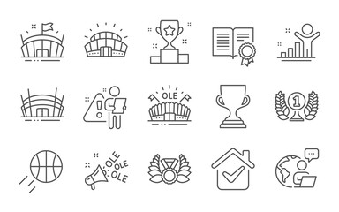 Basketball, Arena stadium and Winner cup line icons set. Ole chant, Sports stadium and Diploma signs. Laureate medal, Arena and Award cup symbols. Winner, Laureate award. Line icons set. Vector