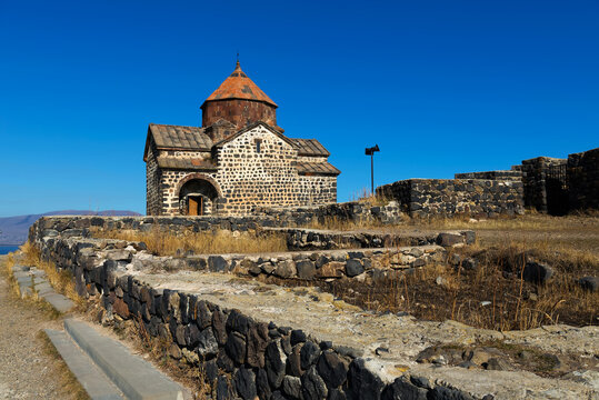 Scenic view of an old Sevanavank church in Sevan, on sunny day