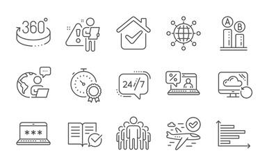 Group, Best result and 360 degrees line icons set. Recovery cloud, 24h service and Laptop password signs. Ab testing, Online loan and Confirmed flight symbols. Line icons set. Vector