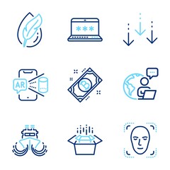Technology icons set. Included icon as Bitcoin, Packing boxes, Face detection signs. Laptop password, Hypoallergenic tested, Augmented reality symbols. Scroll down, Ship line icons. Vector