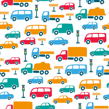 Bright colorful cartoon cars isolated on white background. Cute transport seamless pattern. Side view. Vector flat graphic hand drawn illustration. Texture.