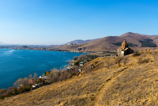 Scenic view of an old Sevanavank church in Sevan, on sunny day