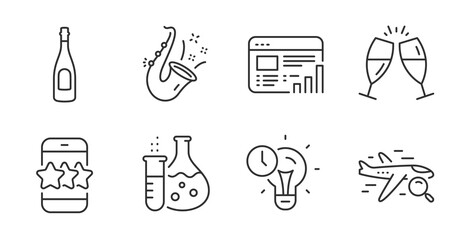 Search flight, Champagne and Champagne glasses line icons set. Chemistry flask, Time management and Jazz signs. Star, Web report symbols. Find travel, Celebration drink, Chin-chin. Vector