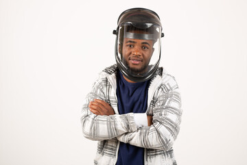 handsome young african man on white background in construction helmet
