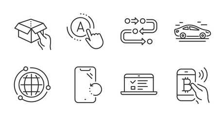 Methodology, Ab testing and Hold box line icons set. Smartphone recovery, Car and Bitcoin pay signs. Web lectures, Globe symbols. Development process, A test, Delivery parcel. Technology set. Vector