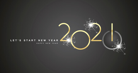 Fototapeta na wymiar Start of New Year 2021 golden shining rounded typography black background banner and turn on button