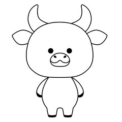 Black line art cute bull standing isolated on a white background. Print for poster or t-shirt. Vector illustration