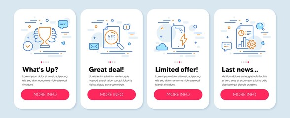Set of Business icons, such as Winner, Search file, Smartphone charging symbols. Mobile screen app banners. Report line icons. Sports achievement, Find document, Phone battery. Vector