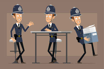 Cartoon flat funny british policeman character in blue helmet hat and uniform. Boy posing on photo and carrying box with papers. Ready for animation. Isolated on brown background. Vector set.