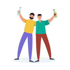 Drunk alcohol addicted men with bottles, flat vector illustration isolated.