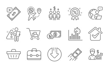Fast payment, Business growth and Shopping basket line icons set. Discount, Meeting and Report timer signs. Portfolio, Flight sale and Dollar money symbols. Line icons set. Vector
