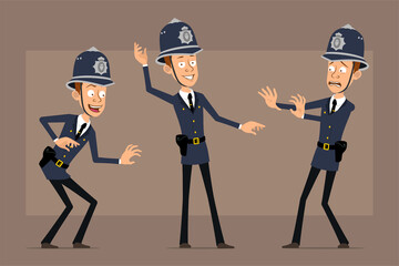 Cartoon flat funny british policeman character in blue helmet hat and uniform. Boy posing, sneaking and showing stop. Ready for animation. Isolated on brown background. Vector set.