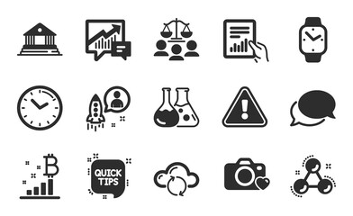 Time, Cloud sync and Document icons simple set. Quick tips, Startup and Court jury signs. Bitcoin graph, Chemistry molecule and Smartwatch symbols. Accounting, Messenger and Court building. Vector