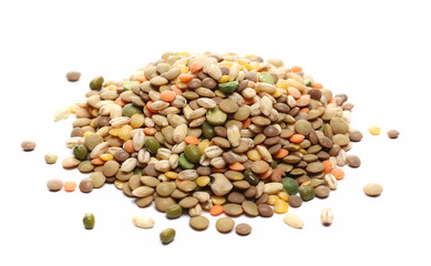 Mixed legumes and cereals, peeled barley, green, yellow and dark red lentil, half green peas, black white beans, green beans isolated on white background