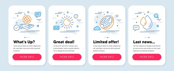 Set of Nature icons, such as Sun, Safe planet, Pecan nut symbols. Mobile screen app banners. Oil drop line icons. Summer, Ecology, Vegetarian food. Serum. Sun icons. Mobile screen carousel. Vector