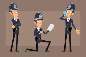 Cartoon flat funny british policeman character in blue helmet hat and uniform. Boy thinking, talking on phone and reading paper note. Ready for animation. Isolated on brown background. Vector set.