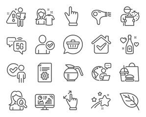 Business icons set. Included icon as Hair dryer, Identity confirmed, Click hand signs. Coffeepot, Moisturizing cream, Verification person symbols. Touchscreen gesture, Analytics graph. Vector