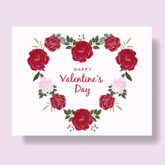 Romantic happy valentine's day card red background and flower with hearts premium Vector