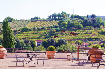 View of the countryside around Greve in Chianti from a terrace, Tuscany, Italy