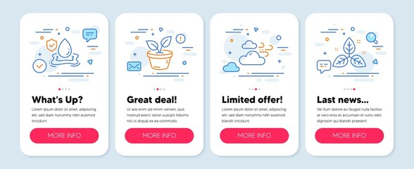 Set of Nature icons, such as Windy weather, Leaves, Flood insurance symbols. Mobile app mockup banners. Fair trade line icons. Cloud wind, Grow plant, Full coverage. Leaf. Windy weather icons. Vector