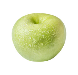 juicy organic green apple in drops of water isolated on white